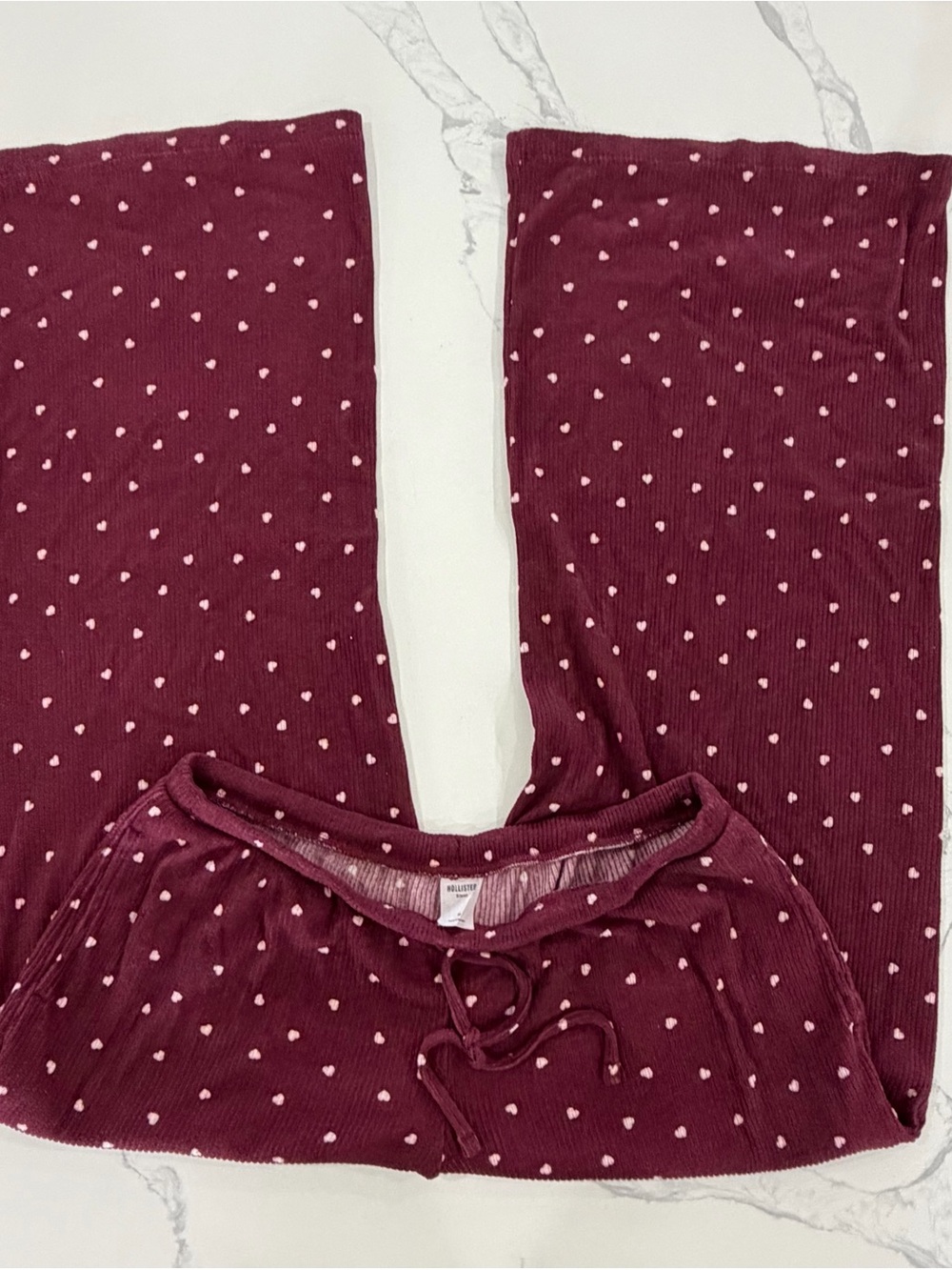 Hollister Burgundy Heart Print Ribbed Wide-Leg Pajama Lounge Pants Size Medium